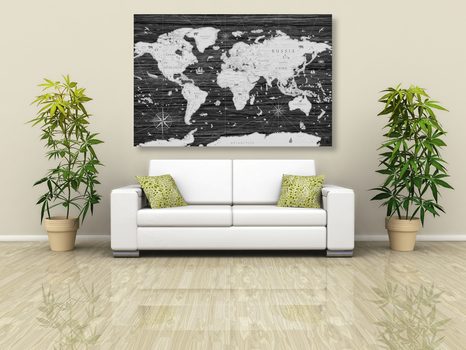 WANDBILD SCHWARZ-WEISSE WELTKARTE AUF HÖLZERNEM HINTERGRUND - WELTKARTEN ALS BILDER - BILDER