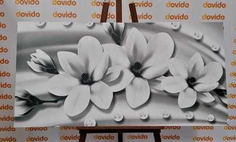 КАРТИНА НА ПЛАТНО – ЛУКСОЗНА МАГНОЛИЯ С ПЕРЛИ В ЧЕРНО-БЯЛ ВАРИАНТ - ЧЕРНО-БЕЛИ КАРТИНИ - КАРТИНИ