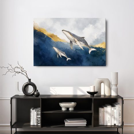 TABLEAU SUR TOILE – BALEINES DANS DES VAGUES DORÉES - TABLEAUX DE BALEINE - TABLEAUX