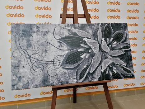 WANDBILD BLUMEN MIT PERLEN IN SCHWARZ-WEISS - SCHWARZ-WEISSE BILDER - BILDER