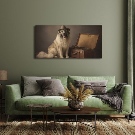 WANDBILD REISENDER HUND MIT HUT - BILDER VON HUNDEN - BILDER