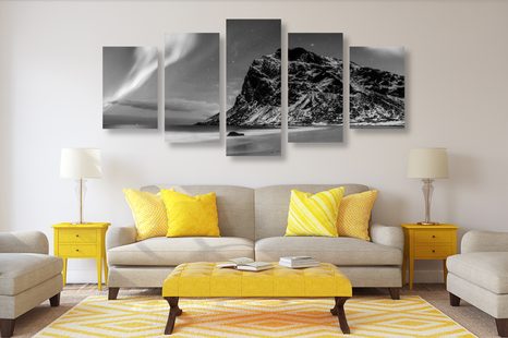 TABLOU 5-PIESE AURORA POLARĂ ÎN NORVEGIA ÎN DESIGN ALB-NEGRU - TABLOURI ALB-NEGRU - TABLOURI