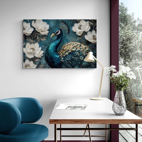 TABLOU PORTRETUL UNUI PĂUN PRINTRE FLORI - TABLOURI PĂUNI - TABLOURI