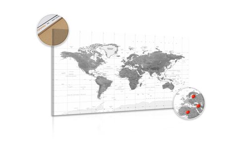 OBRAZ NA KORKU NÁDHERNÁ MAPA SVĚTA V ČERNOBÍLÉM PROVEDENÍ - OBRAZY NA KORKU - OBRAZY