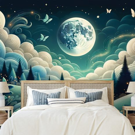 SELBSTKLEBENDE TAPETE NÄCHTLICHE MÄRCHENLANDSCHAFT MIT FLIEGENDEN SCHMETTERLINGEN - UNIVERSUM- UND STERNE-TAPETEN - TAPETEN