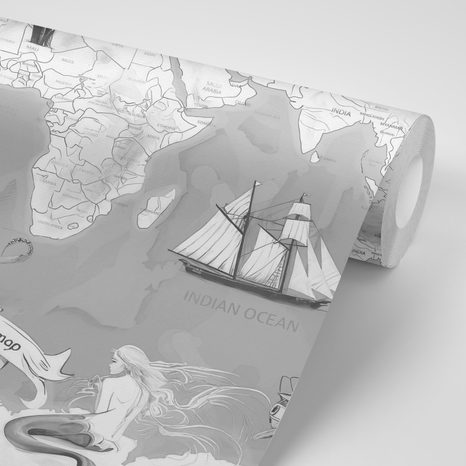 CARTA DA PARATI AUTOADESIVA – MAPPA DISEGNATA GRIGIO-BIANCA CON IMBARCAZIONI - CARTA DA PARATI AUTOADESIVE - CARTA DA PARATI