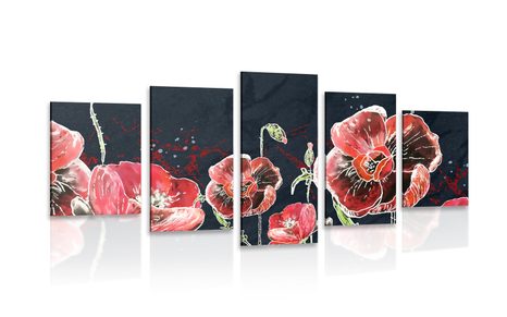 5-PIECE CANVAS PRINT RED POPPIES ON A BLACK BACKGROUND - PICTURES FLOWERS - PICTURES
