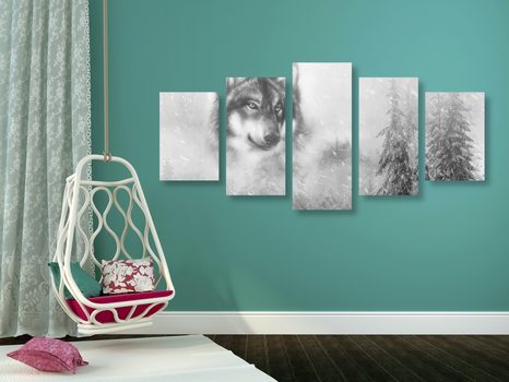 5-DELNA SLIKA VOLK V ZASNEŽENI DEŽELI V ČRNOBELI IZVEDBI - ČRNOBELE SLIKE - SLIKE