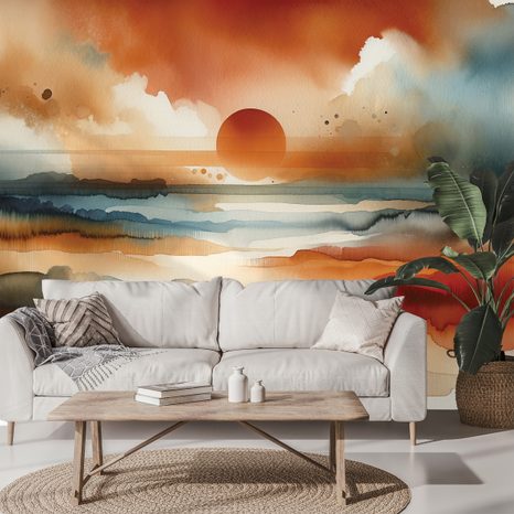 TAPETE ABSTRAKTER AQUARELL-SONNENUNTERGANG - TAPETEN SONNENAUFGANG UND SONNENUNTERGANG - TAPETEN