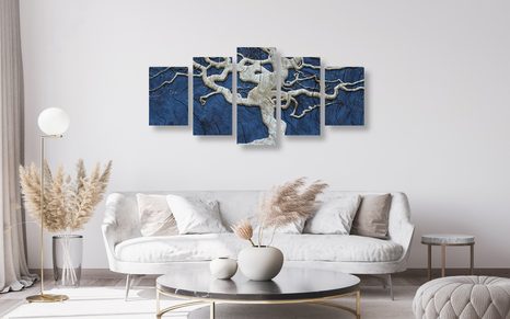 QUADRI 5 PEZZI – ALBERO ASTRATTO SU LEGNO CON CONTRASTO BLU - QUADRI ALBERI DELLA VITA - STAMPE E QUADRI