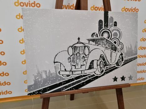 WANDBILD SCHWARZ-WEISSES AUTO MIT VINTAGE-HINTERGRUND - SCHWARZ-WEISSE BILDER - BILDER