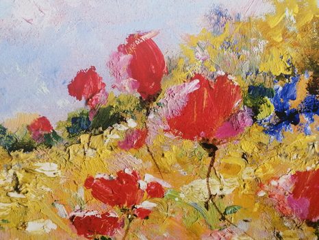 WANDBILD GEMALTE MOHNBLUME AUF DER WIESE - BILDER BLUMEN - BILDER