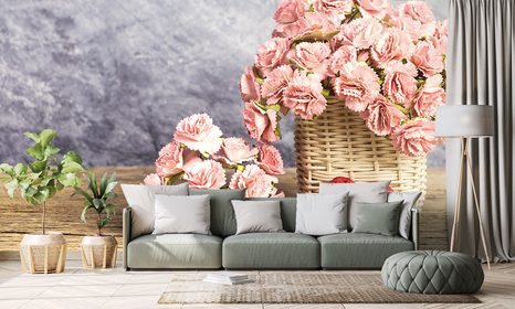 FOTOTAPETE BLUMENSTRAUSS AUS NELKEN IM KORB - VINTAGE- UND RETRO-TAPETEN - TAPETEN