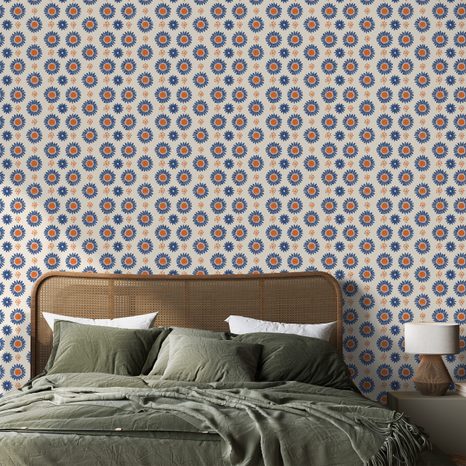 TAPETA ORANŽOVO-MODRÉ KVĚTINOVÉ KRUHY - VZOROVANÉ TAPETY - TAPETY