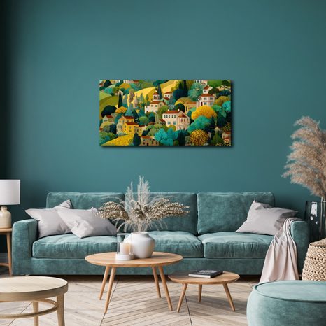 OBRAZ HARMONICKÉ SOUŽITÍ DOMŮ A STROMŮ - BAREVNÉ DOMY - OBRAZY