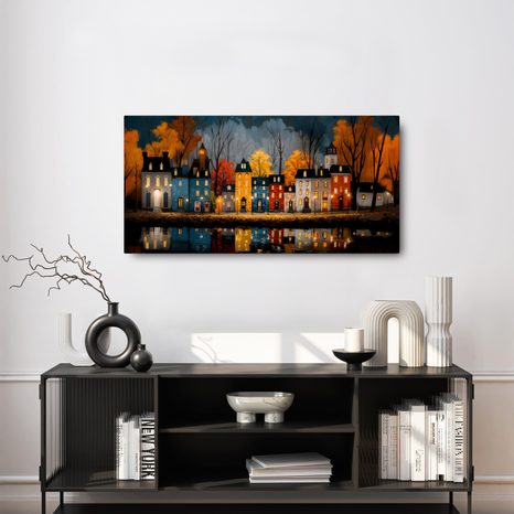 OBRAZ VÁNOČNÍ OSVĚTLENÉ DOMY - BAREVNÉ DOMY - OBRAZY
