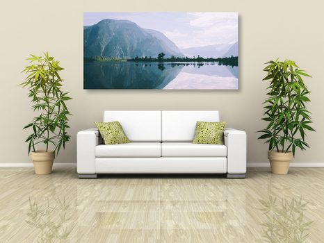 QUADRO SU TELA – MONTAGNE DIPINTE PRESSO IL LAGO - QUADRI DI NATURA E PAESAGGIO - STAMPE E QUADRI