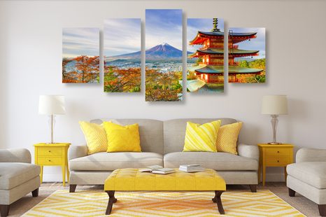 TABLOU 5-PIESE VEDERE LA PAGODA CHUREITO ȘI MUNTELE FUJI - TABLOU NATURĂ ȘI PEISAJE NATURALE - TABLOURI