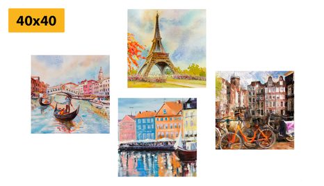 SET OBRAZŮ MALOVANÉ MĚSTA V PASTELOVÝCH BARVÁCH - SESTAVY OBRAZŮ - OBRAZY