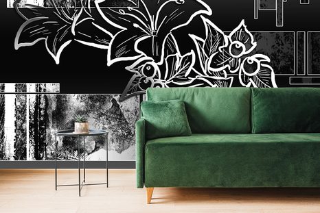 TAPETA ČERNOBÍLÁ KVĚTINOVÁ ILUSTRACE - ČERNOBÍLÉ TAPETY - TAPETY