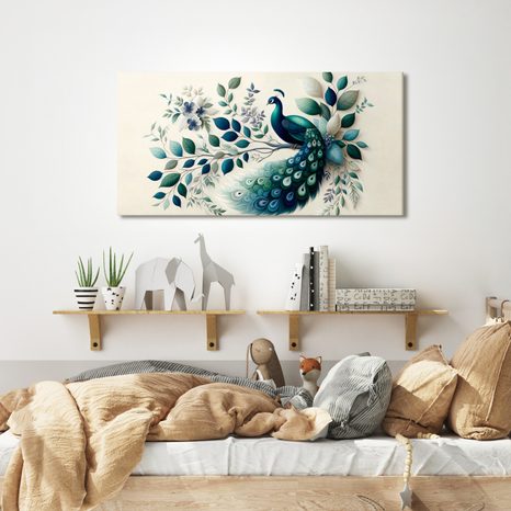 OBRAZ MODRÝ PÁV V KVETINOVEJ KOMPOZÍCII - OBRAZY PÁVY - OBRAZY