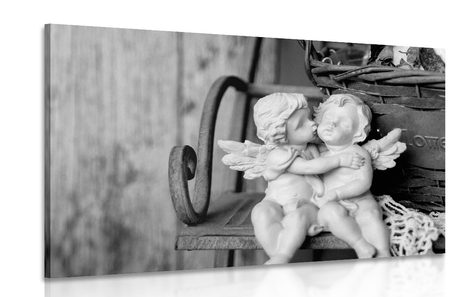 CANVAS PRINT STATUES OF ANGELS ON A BENCH IN BLACK AND WHITE - BLACK AND WHITE PICTURES - PICTURES