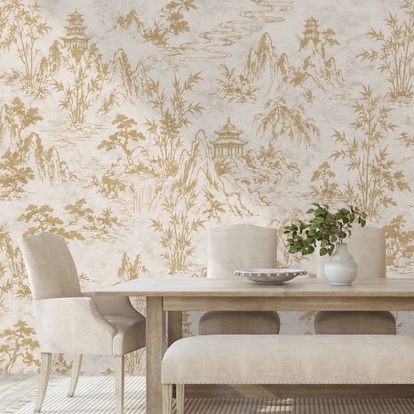 ZELFKLEVEND FOTOBEHANG BEIGE-GOUDEN OOSTERS LANDSCHAP MET PAGODES - FOTOBEHANG FENG SHUI - FOTOBEHANG
