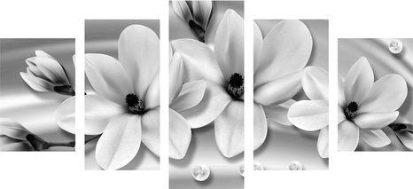 CUADRO DE 5 PIEZAS MAGNOLIAS CON PERLAS EN BLANCO Y NEGRO - CUADROS DE 5 PIEZAS - OUTLET 🔥