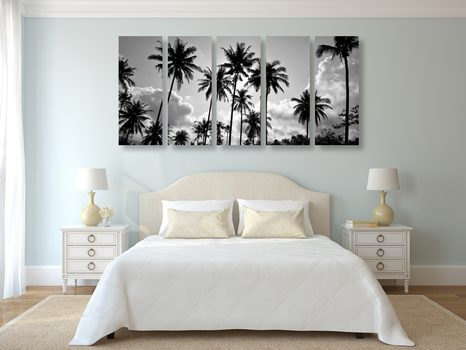 TABLOU 5-PIESE PALMIERI DE COCOS PE PLAJĂ ÎN DESIGN ALB-NEGRU - TABLOURI ALB-NEGRU - TABLOURI