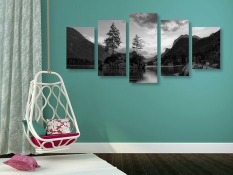 TABLOU 5-PIESE PEISAJ MONTAN ALB-NEGRU LÂNGĂ LAC - TABLOURI ALB-NEGRU - TABLOURI