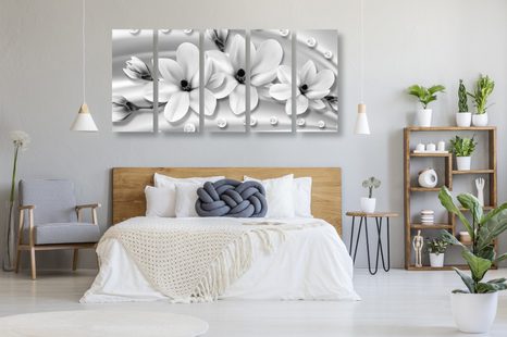 QUADRI 5 PEZZI – MAGNOLIA DI LUSSO CON PERLE IN BIANCO E NERO - QUADRI BIANCO E NERO - STAMPE E QUADRI