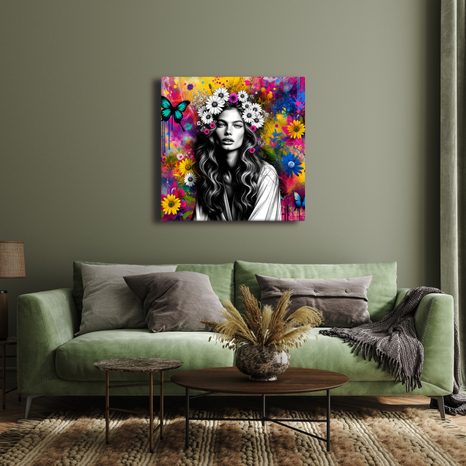 WANDBILD MÄDCHEN MIT SCHMETTERLINGEN UND BLUMEN - WANDBILDER FRAUEN - BILDER