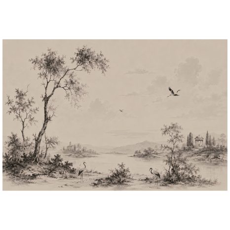 ZELFKLEVEND FOTOBEHANG VINTAGE LANDSCHAP MET KRAANVOGELS - FOTOBEHANG BOS - FOTOBEHANG