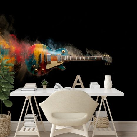 SELBSTKLEBENDE TAPETE BUNTE GITARRE AUF SCHWARZEM HINTERGRUND - MUSIK FOTOTAPETEN - TAPETEN