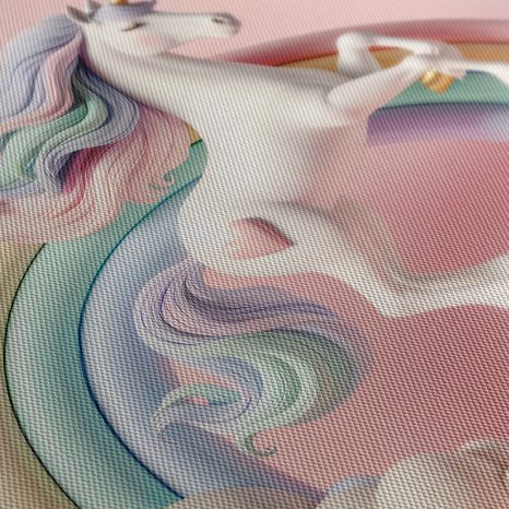 WANDBILD MÄRCHENHAFTES EINHORN AUF PASTELLFARBENEM REGENBOGEN - KINDERBILDER TIERE - BILDER