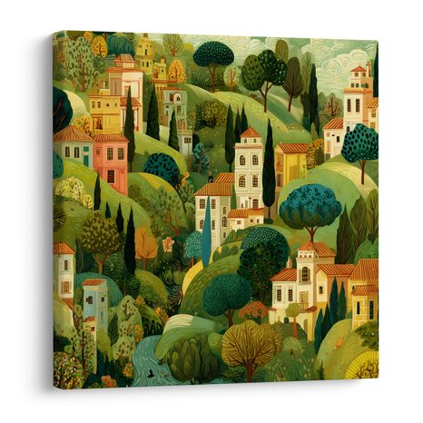 WANDBILD DÖRFLICHE HÄUSER ZWISCHEN BÄUMEN - BUNTE HÄUSER - BILDER