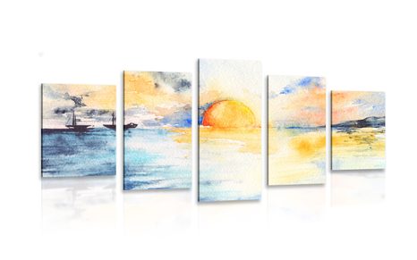 IMPRESSION SUR TOILE EN 5 PARTIES COUCHER DE SOLEIL RADIEUX AU BORD DE LA MER - IMPRESSION SUR TOILE DE NATURE ET PAYSAGE - IMPRESSION SUR TOILE