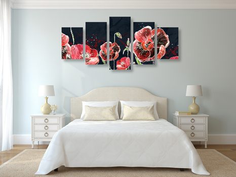 TABLOU 5-PIESE MACI ROȘII PE FUNDAL NEGRU - TABLOU FLORI - TABLOURI