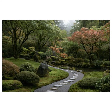 TABLEAU SUR TOILE – JARDIN JAPONAIS AVEC ALLÉE DE PIERRE - TABLEAUX ARBRES ET FEUILLES - TABLEAUX
