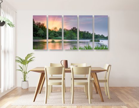 TABLOU 5-PIESE RĂSĂRIT DE SOARE LÂNGĂ RÂU - TABLOU NATURĂ ȘI PEISAJE NATURALE - TABLOURI