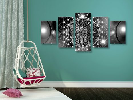 5-DÍLNÝ OBRAZ OKOUZLUJÍCÍ MANDALA V ČERNOBÍLÉM PROVEDENÍ - ČERNOBÍLÉ OBRAZY - OBRAZY