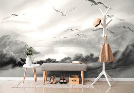 SELBSTKLEBENDE TAPETE FLIEGENDE VÖGEL IN SCHWARZ-WEISS - SELBSTKLEBENDE TAPETEN - TAPETEN