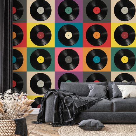 TAPETE RETRO VINYLPLATTEN AUF BUNTEM HINTERGRUND - MUSIK FOTOTAPETEN - TAPETEN