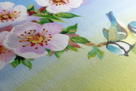 OBRAZ SÝKORKY A KVETOUCÍ KVĚTINY - VINTAGE A RETRO OBRAZY - OBRAZY