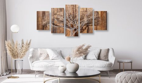 5-PIECE CANVAS PRINT TREE WITH THE IMITATION OF A WOODEN BASE - PICTURES OF NATURE AND LANDSCAPE - PICTURES
