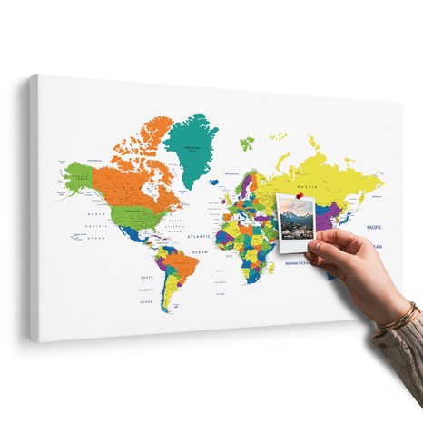 WANDBILD AUF KORK BUNTE WELTKARTE AUF WEISSEM HINTERGRUND - WANDBILDER AUF KORK - BILDER