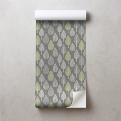 SAMOLEPÍCÍ TAPETA ŠEDÉ A ZELENÉ LISTY NA ŠEDÉM POZADÍ - VZOROVANÉ TAPETY - TAPETY