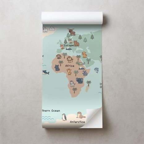 SAMOLEPÍCÍ FOTOTAPETA DĚTSKÁ MAPA SVĚTA SE ZVÍŘATY - DĚTSKÉ TAPETY - TAPETY
