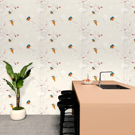 SELF ADHESIVE WALLPAPER BIRDS IN A DENSE FOREST WITH A BEIGE BACKGROUND - SELF-ADHESIVE WALLPAPERS - WALLPAPERS