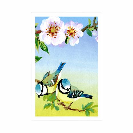 PLAGÁT SÝKORKY A KVITNÚCE KVETY - VINTAGE A RETRO - PLAGÁTY